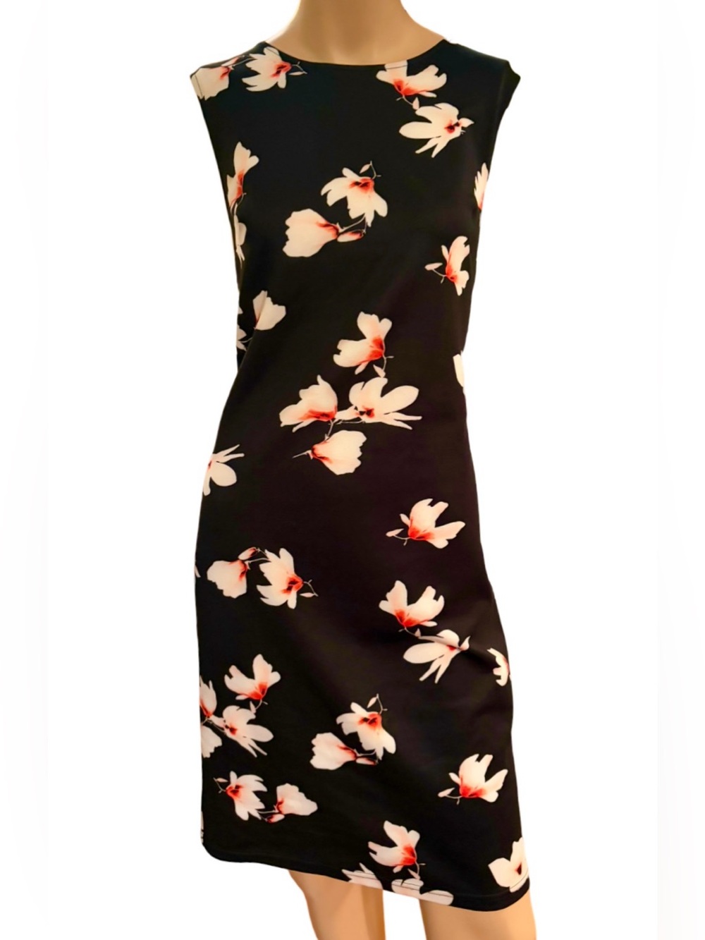 Suzy Shier Floral Sheath Dress L NWOT Black White Pink Stretch Career Cocktail